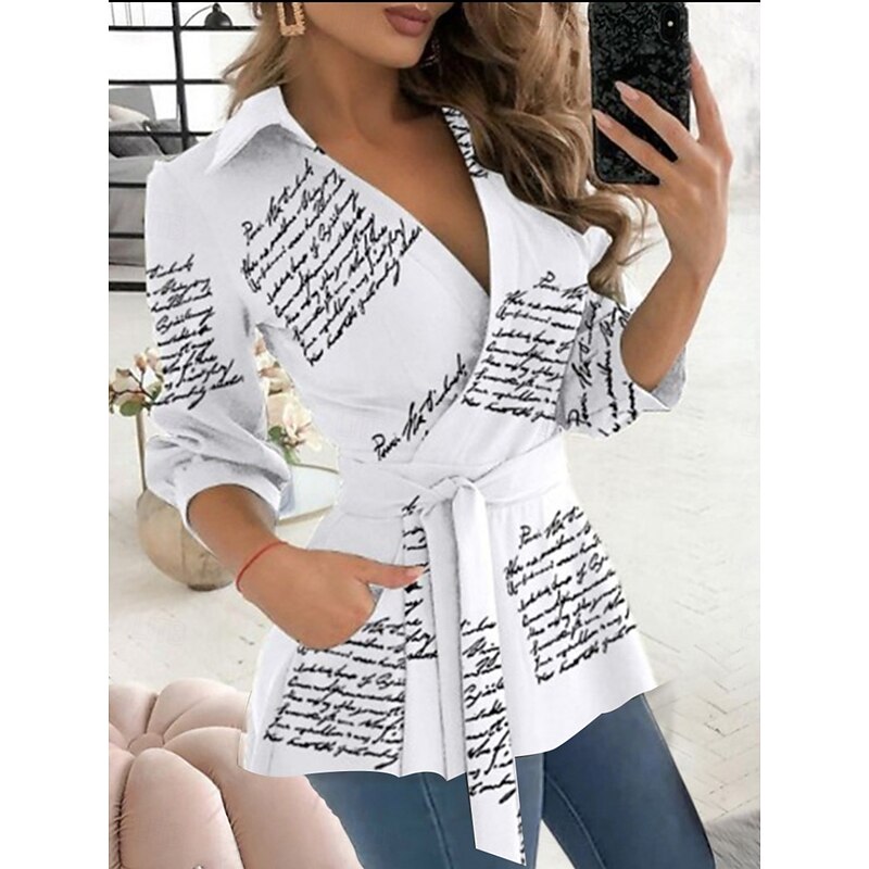 Women's Blouse Geometric Elegant Stylish Basic Long Sleeve V Neck Regular Tops Daily Lace up Print Black And White Black White Blue Green Summer Spring Fall3