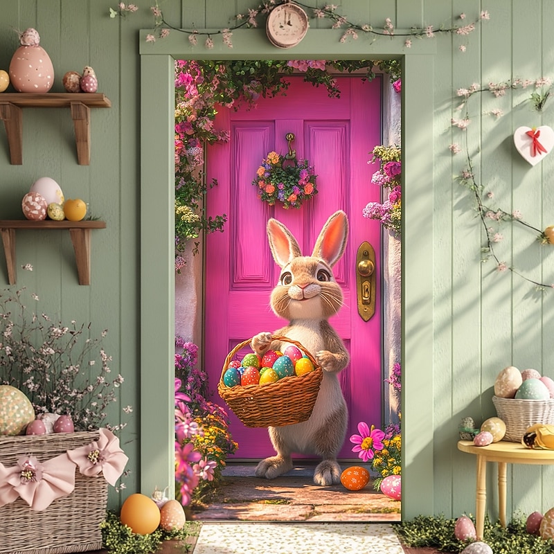 Door Decorations Door Covers Bunny Holding Eggs Door Tapestry Door Curtain Decoration Backdrop Indoor/Outdoor Door Banner for Front Door Farmhouse4