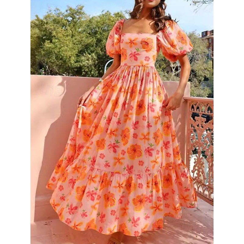 Women's Maxi Dress Casual Dress Elegant Cute Stylish Flounce Sleeve Vacation Party Daily Regular Fit Graphic Short Sleeve Square Neck Orange Summer Spring3