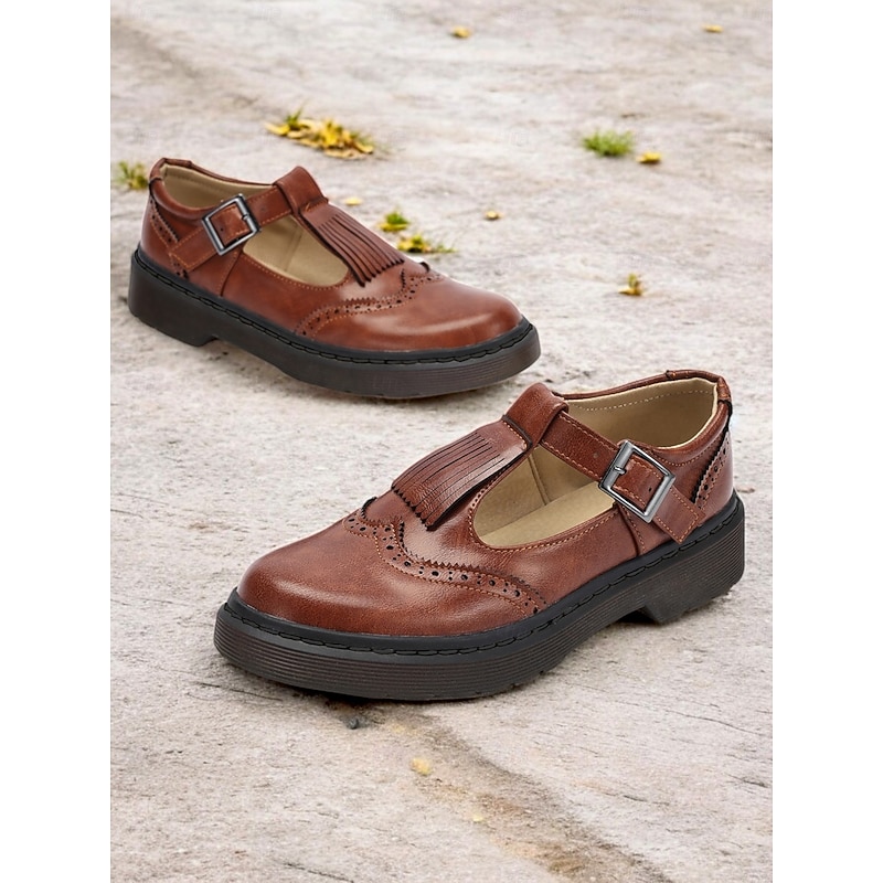 Women's Brown T-Strap Mary Jane Shoes with Brogue Detailing and Chunky Sole - Vintage Style Flats for Casual and Everyday Wear4