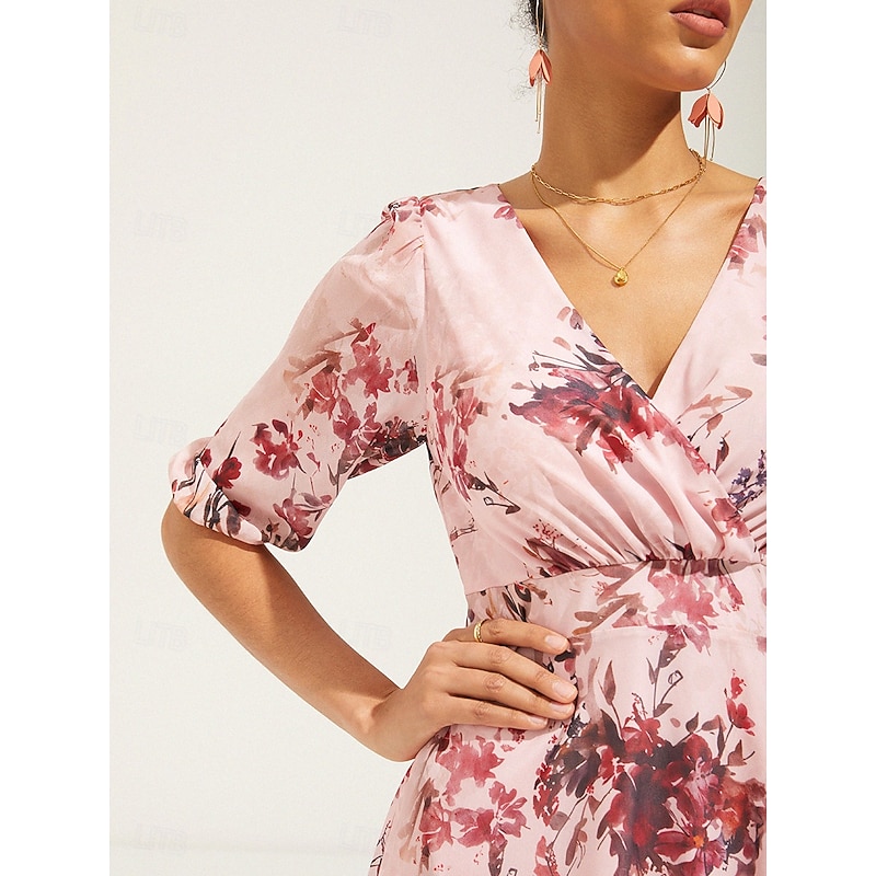 Women's Midi Dress Chiffon Dress Elegant Stylish Puff Sleeve Wedding Wedding Guest Daily Regular Fit Floral Half Sleeve V Neck Pink Summer Spring Fall4