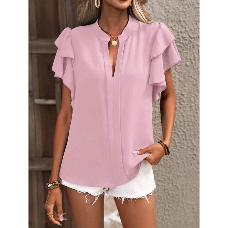 Women's Shirt Blouse Solid Color Stylish Casual Short Sleeve Notched Neck Regular Tops Daily Ruffle Pink Wine Summer4