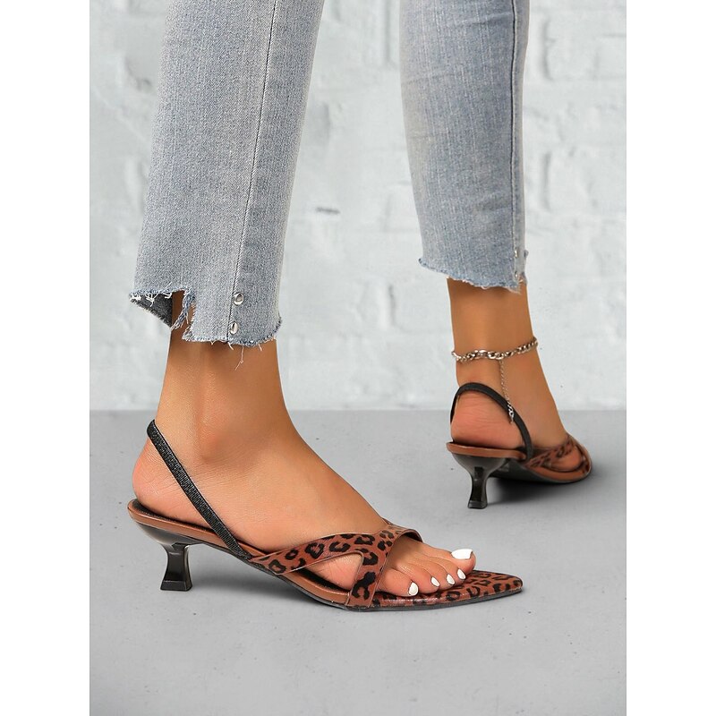 Women's Leopard Kitten Heel Sandals with Cross-Strap Design and Open Toe - Stylish Summer Shoes for Work and Daily Outings3