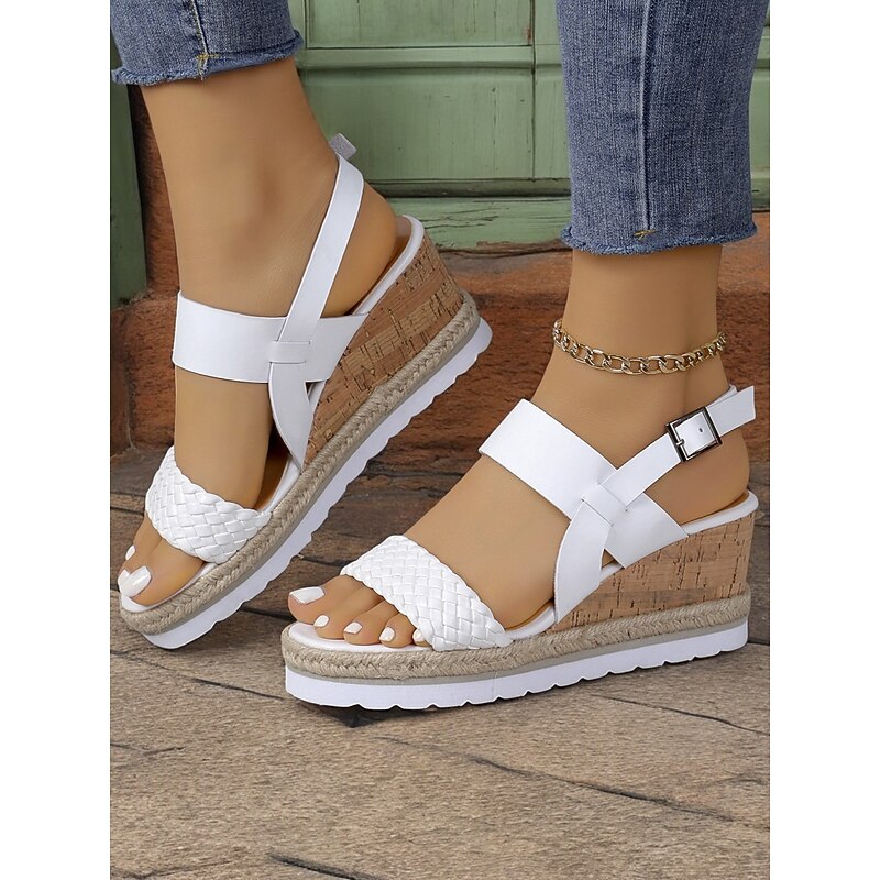 Women's Black Wedge Sandals with Cork Platform, Braided Strap and Adjustable Buckle for Casual Summer Outings2