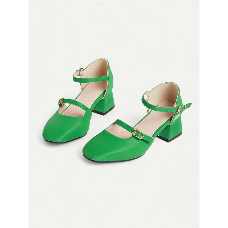 Women's Retro Mary Jane Block Heel Shoes – Vibrant Green Patent Leather with Adjustable Straps, Perfect for Office, Parties, and Casual Outfits4