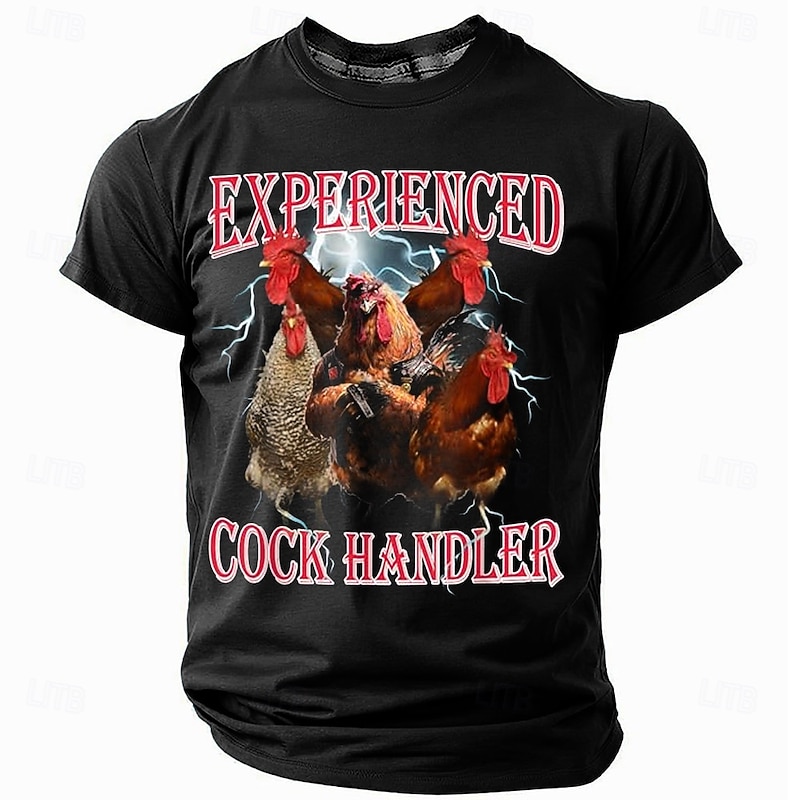 Men's Graphic T-Shirt, Experienced Cock Handler Funny Pun Rooster Design Short Sleeve Tee4