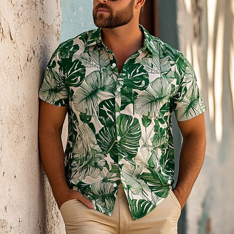 Men's Leaf Aloha Shirt Short Sleeve Hawaiian Vacation Summer Spring Turndown Button Up White Blue Green4