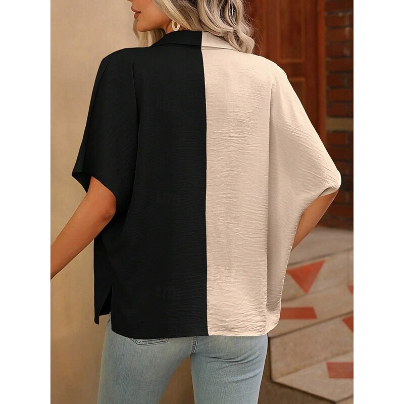 Women's Shirt Blouse Solid Color Stylish Casual Short Sleeve Shirt Collar Regular Tops Daily Buttons Black White Summer Spring2