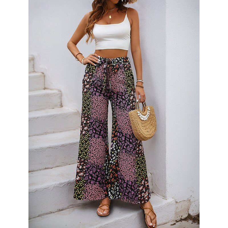 Women's Wide Leg Chinos Fashion Streetwear Full Length High Waist Leopard Pocket Elastic Waistband Printing Comfy Soft Comfortable Micro-elastic Outdoor Street Black Summer Spring Regular Fit2