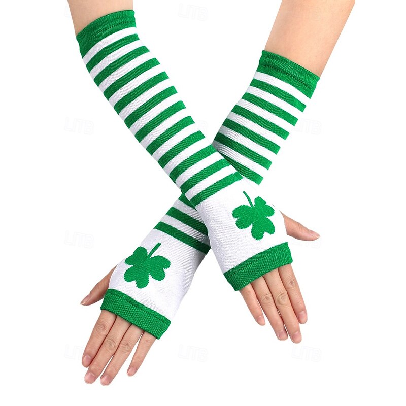 St. Patrick's Day Green and White Striped Knee-High Socks and Fingerless Gloves Set with Shamrock Design, Festive Accessories for Women, Perfect for Holiday Celebrations and Costume Parties3