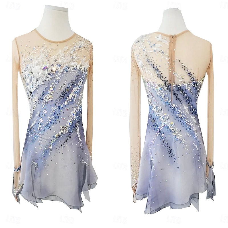 Figure Skating Dress Women's Girls' Ice Skating Dress Gray+White Thumbhole Halo Dyeing High Elasticity Professional Competition Skating Wear Thermal Warm Crystal / Rhinestone Long Sleeve Ice Skating