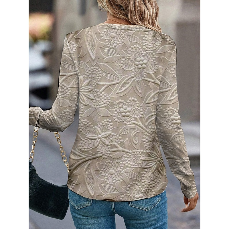 Women's T shirt Crew Neck Long Sleeve Tunic Floral Casual  Regular Tops Daily Print Beige Spring Fall3