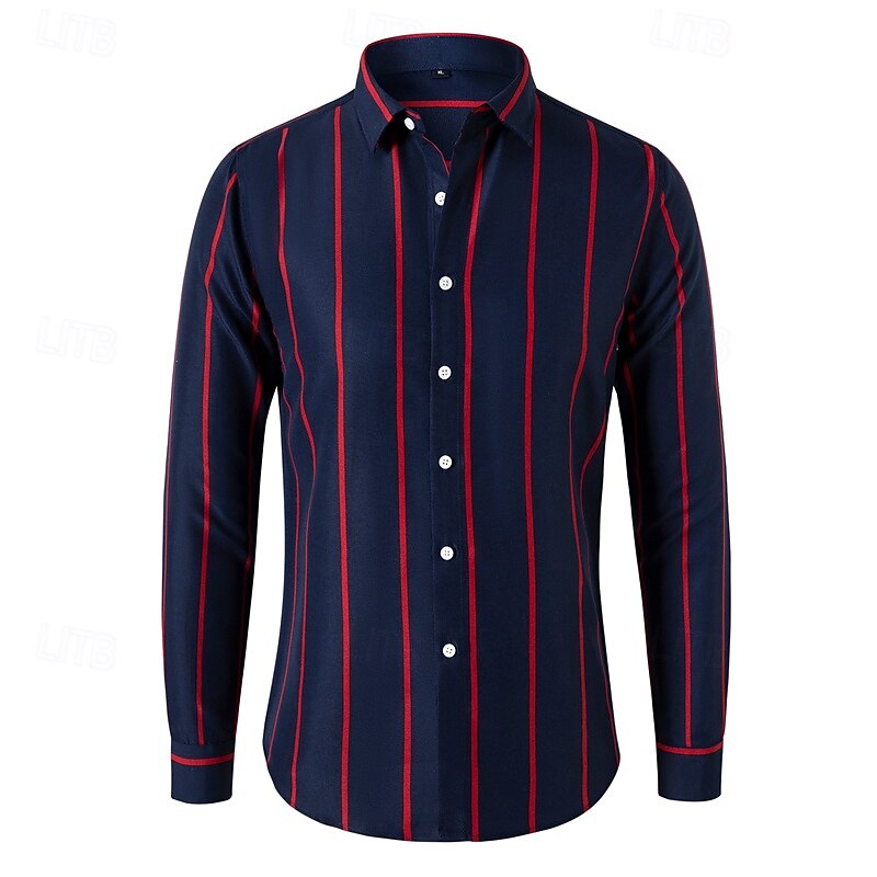 Men's Shirt Dress Shirt Button Up Shirt Stripe Wedding Party Black White Red Dark Green Long Sleeve Lapel Spring &  Fall Clothing Apparel