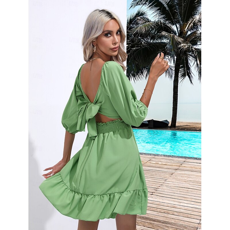 Valentine's Day Women's Normal Mini Dress Boho Chic Dresses A Line Dress Bohemia Stylish Classic Lantern Sleeve Vacation Party Daily Form Fit Plain Sleeveless Square Neck Black White Pink Red Summer2
