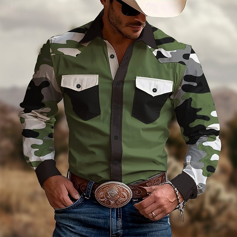 Men's Marble Western Shirt Long Sleeve Western Sports Outdoor Spring Fall Turndown Button Up 2 Pockets Red Blue Brown Green4