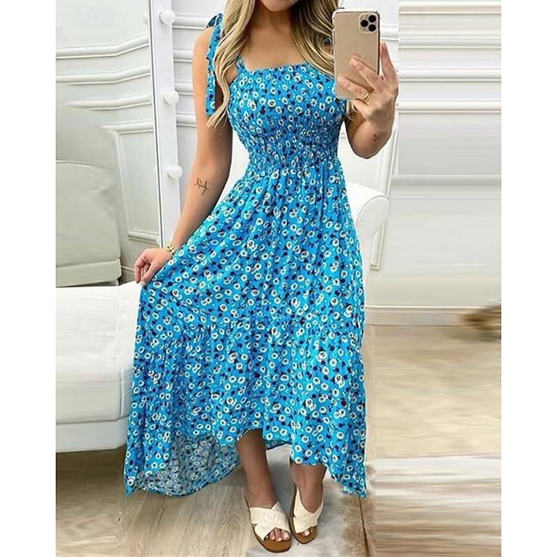 Women's Long Dress Maxi Dress A Line Dress Floral Dress Summer Dress Cami Dress Elegant Stylish Vacation Daily Date Regular Fit Floral Sleeveless Square Neck Yellow Pink Red Dark Blue Summer4