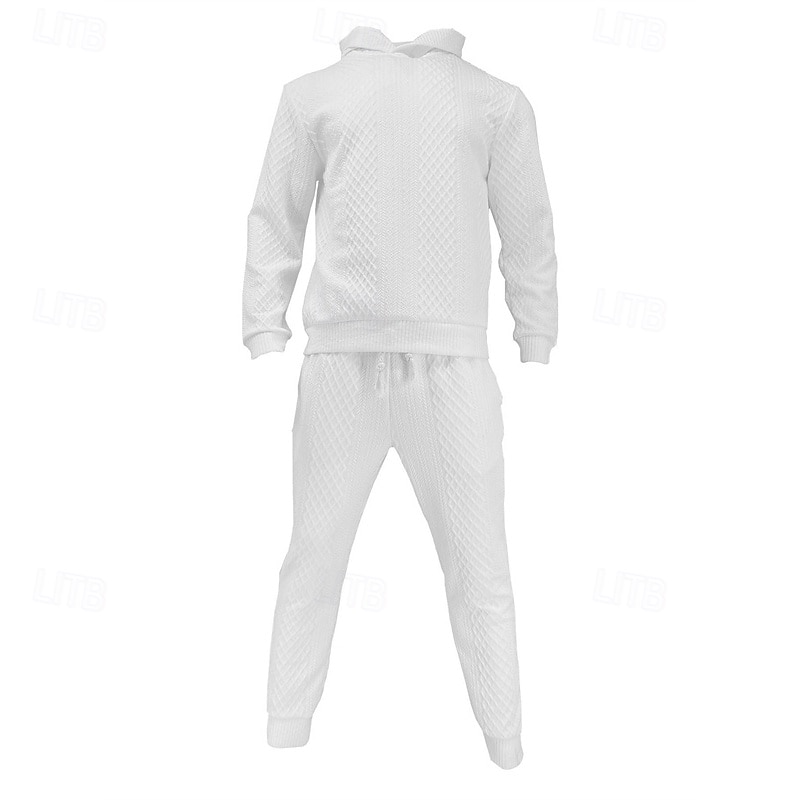 Men's Hoodie Tracksuit Sweatsuit Black White Army Green Khaki Gray Hooded Plain Jacquard 2 Piece Sports & Outdoor Daily Holiday Polyester Streetwear Basic Casual Spring &  Fall Clothing Apparel2