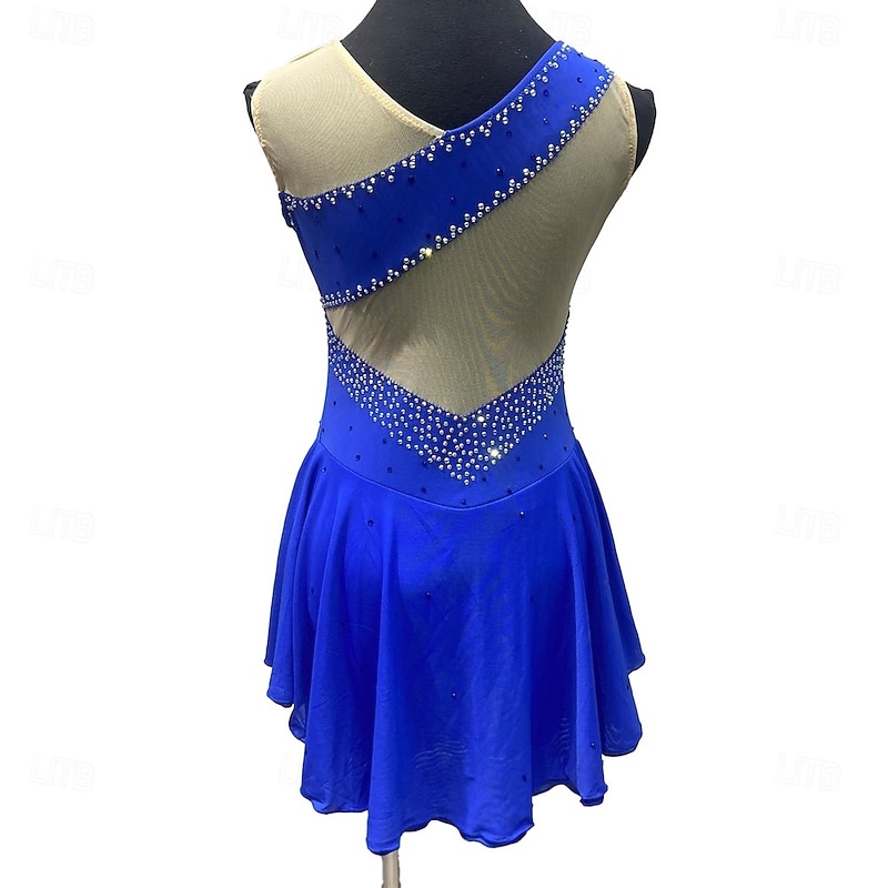 Figure Skating Dress Women's Girls' Ice Skating Dress Blue Patchwork Asymmetric Hem Mesh Spandex Stretchy Training Practice Professional Skating Wear Crystal / Rhinestone Sleeveless Figure Skating2