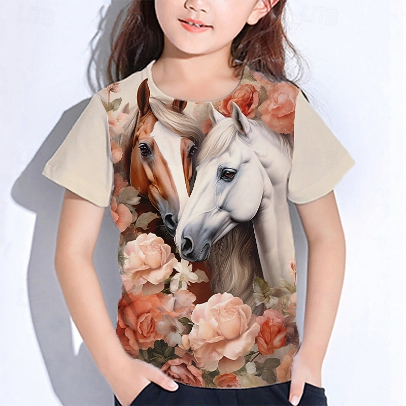 Girls' 3D Graphic Animal Horse T shirt Tee Short Sleeve Summer Spring Fashion Basic Kids 4-12 Years Crew Neck Outdoor Casual Daily Regular Fit