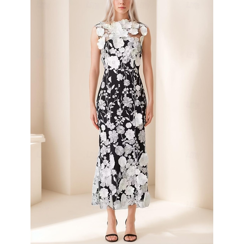 Sheath / Column Elegant Dress Wedding Wedding Guest Ankle Length Sleeveless with 3D Floral Lace Appliques2