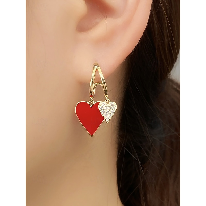 Red and Gold Heart Drop Earrings with Rhinestone Detailing – Romantic Jewelry for Women, Perfect for Valentine's Day or Date Nights3