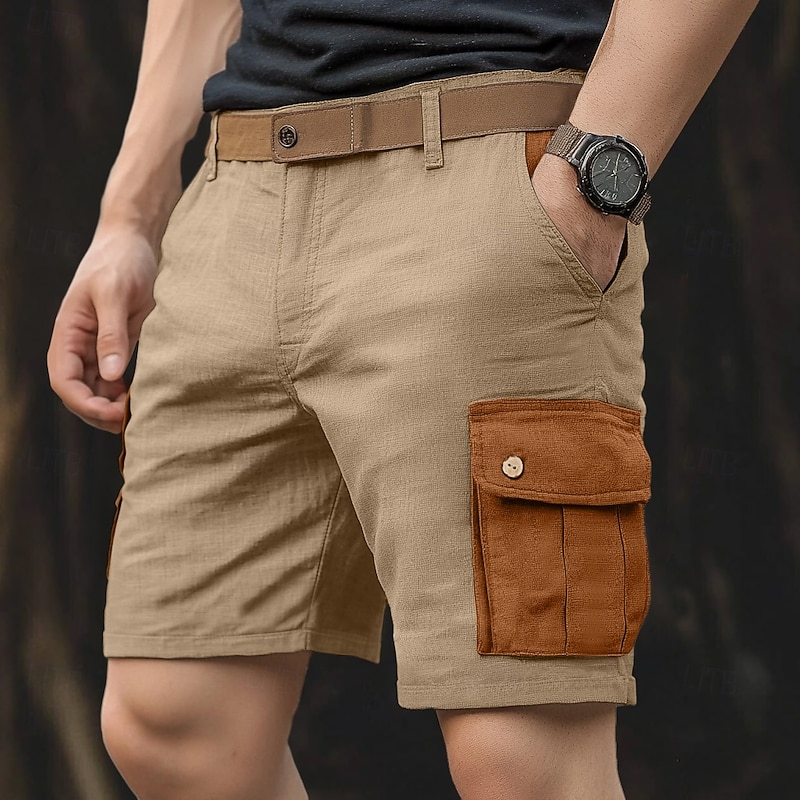 Men's Cargo Shorts Linen Shorts Summer Shorts Beach Shorts Buttons Multi Pocket Color Block Comfort Breathable Knee Length Casual Daily Holiday Fashion Retro Vintage Green Khaki