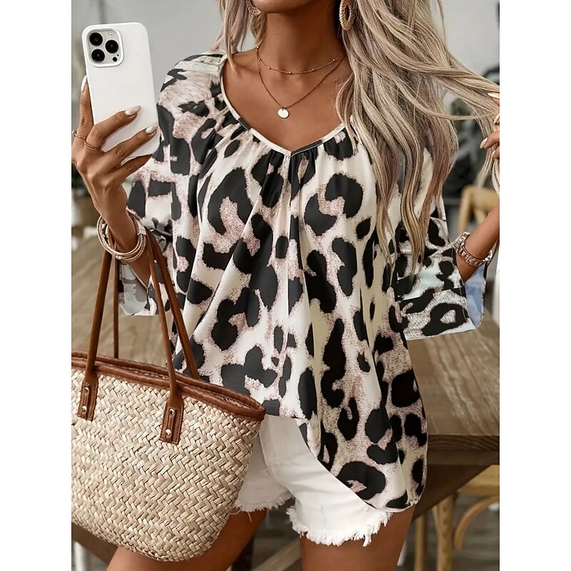 Women's Shirt Blouse Leopard Stylish Casual 3/4 Length Sleeve V Neck Regular Tops Daily Print Leopard Summer Spring
