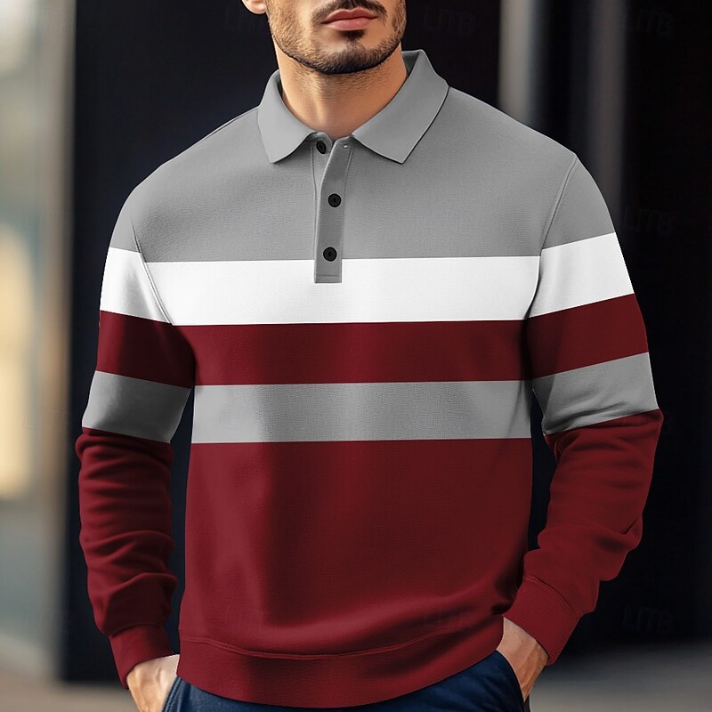 Men's Stripes Rugby Polo Cable Knit Polo Long Sleeve Polo Shirts Collared Shirts Casual Outdoor Athleisure 3D Print Spring Fall Winter Red Blue Brown4