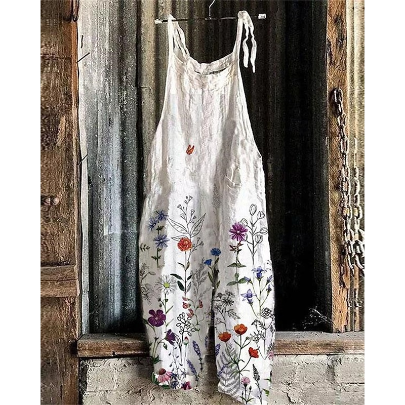 Women's Pants Trousers Dungarees Jumpsuit Rompers Lightweight Casual Ankle-Length Mid Rise Floral Graphic Printing Comfortable Inelastic Home Casual Daily claret Azure River Blue White Summer2