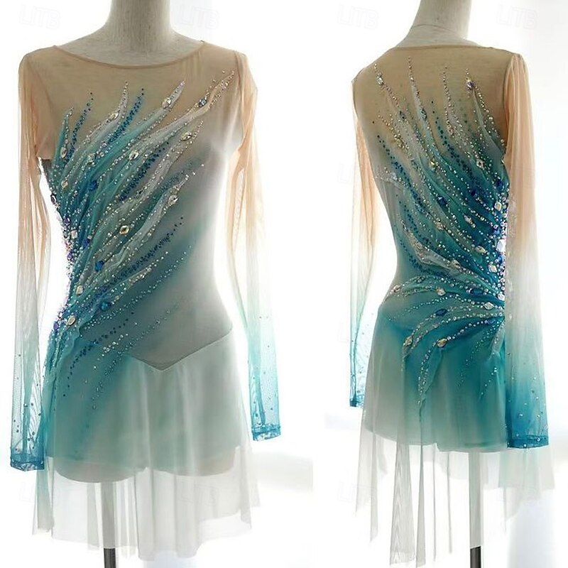 Figure Skating Dress Women's Girls' Ice Skating Dress Green Patchwork Asymmetric Hem Mesh Spandex Stretchy Training Practice Professional Skating Wear Crystal / Rhinestone Long Sleeve Figure Skating2
