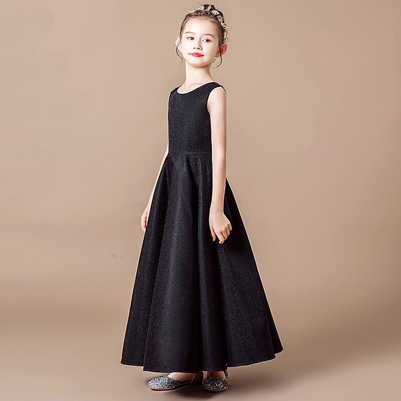 Flower Girl Dress Kid's Girls' Princess Dress Performance Wedding Party Elegant Beautiful Solid Color Sleeveless Crew Neck Grey Black 4 years+4