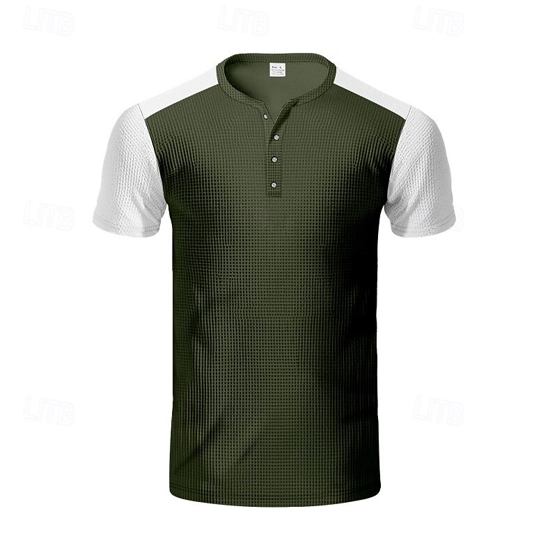 Men's Waffle T-shirt Waffle Henley Shirt Color Block Tee Short Sleeve Henley Summer Spring Color Block Vintage Style Color Block Casual Black White Gray Top Tee for Men4