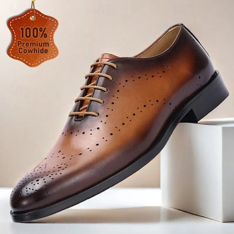Men's Premium Cowhide Leather Oxford Shoes – Gradient Brown Formal Lace-Up Design for Business, Weddings and Special Occasions