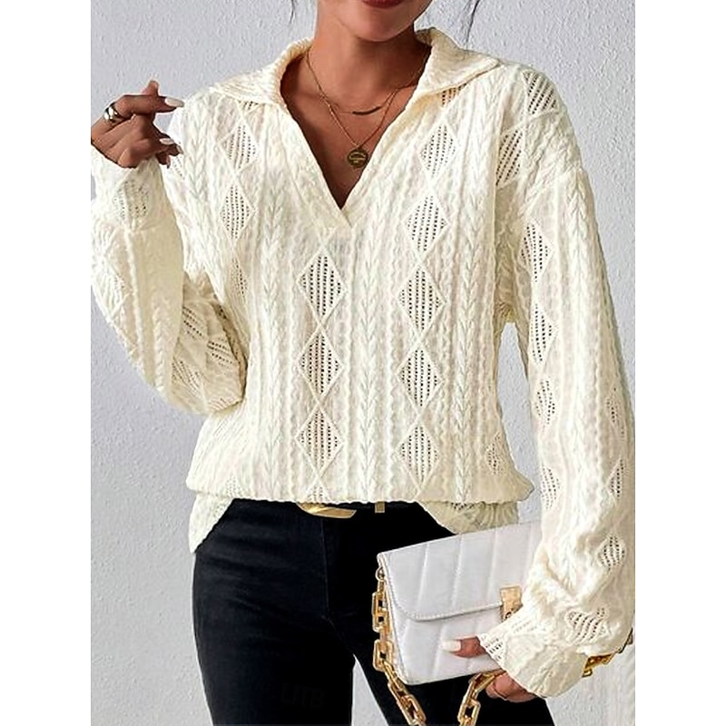 Women's White Elegant Lace Tops Eyelet Blouse Casual Plain Regular Tops Long Sleeve Shirt Collar Lace Regular Fit Work Daily Romantic Petite Tops Summer Holiday Wear Beige