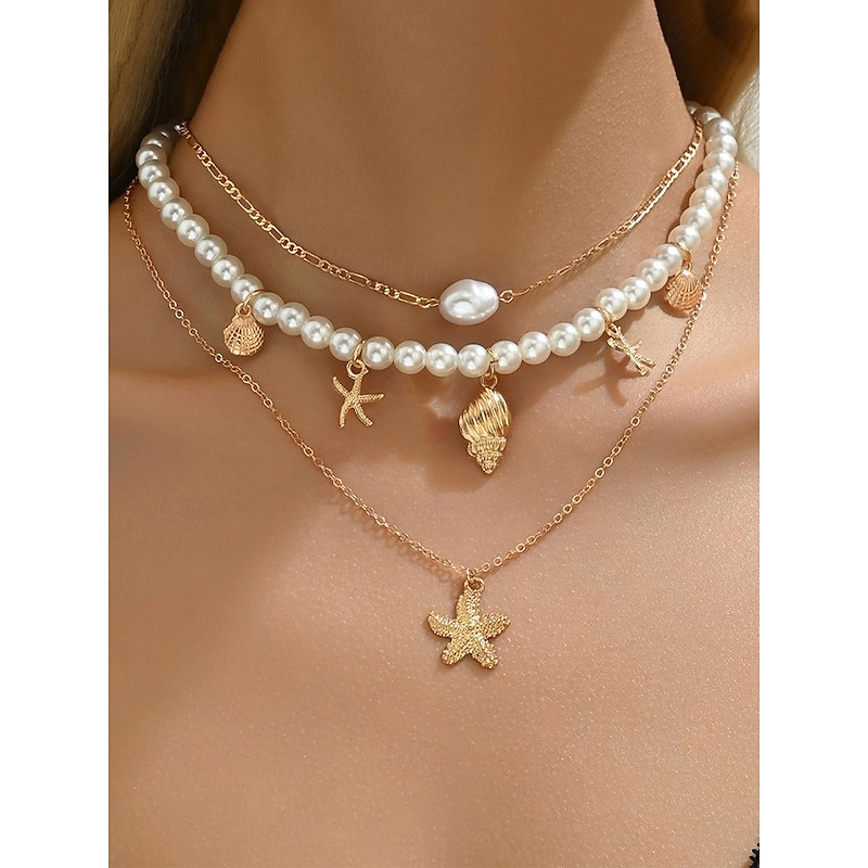 Layered Pearl and Gold Starfish Necklace Set – Beach-Inspired Jewelry for Women, Perfect for Summer and Coastal Occasions