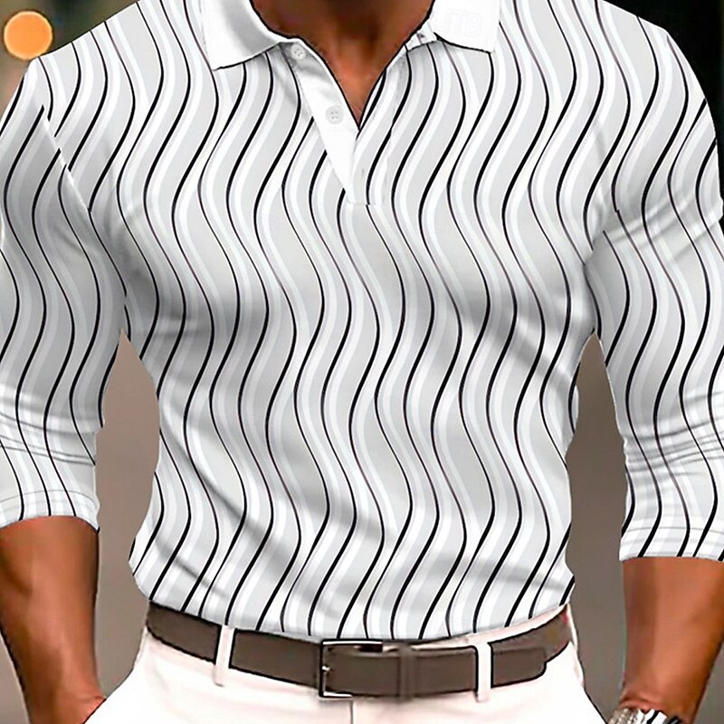 Men's Geometric Polo Shirts Golf Shirt Long Sleeve Polo Shirts Collared Shirts Business Casual WorkWear Formal Wear Festival Wear 3D Print Buttons Fall & Winter Black White4