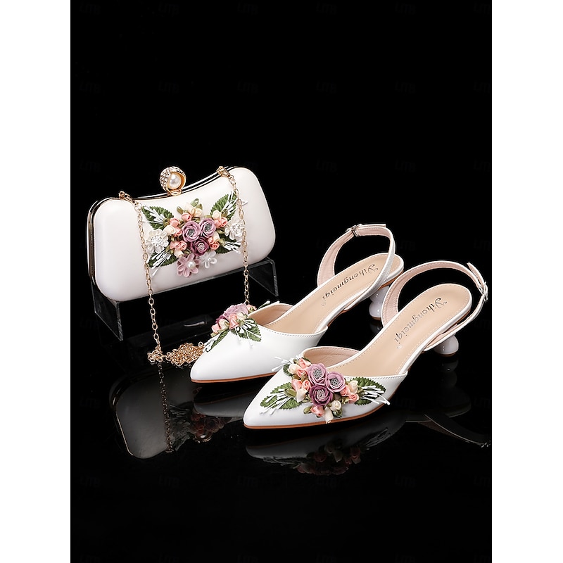 Vintage Floral-Embellished White Kitten Heel Shoes and Matching Clutch Bag Set for Women - Ideal for Weddings and Formal Occasions3