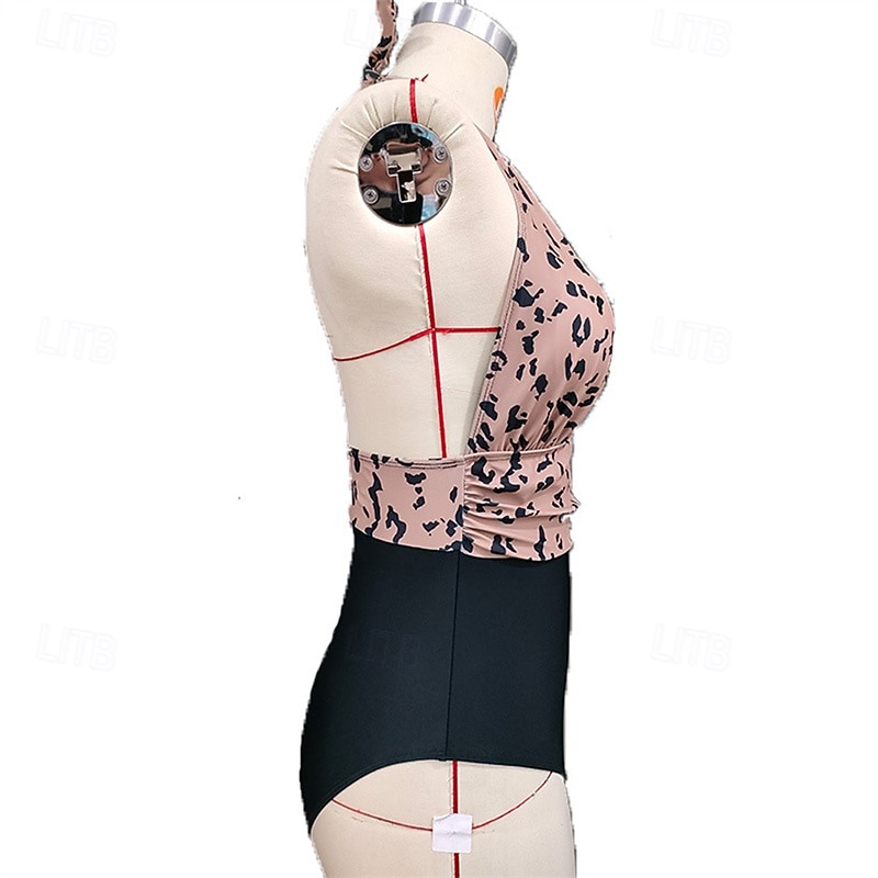 Women's One Piece Swimsuit Deep V Open Back Swimwear Leopard Print Swimwear Brown Breathable Quick Dry Lightweight Sleeveless - Swimming Surfing Beach Summer Spring3