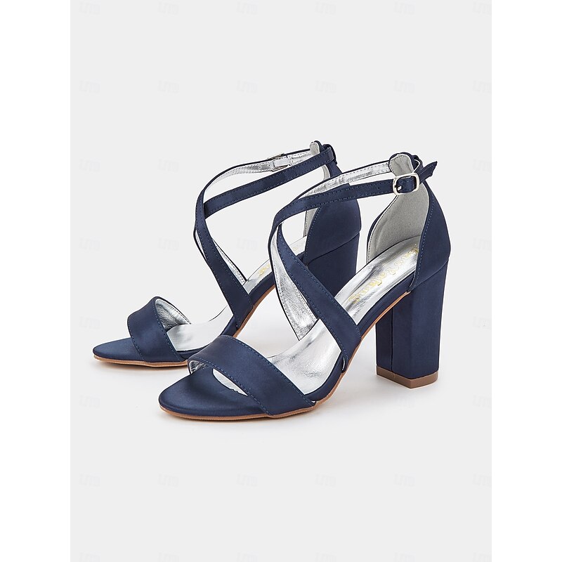 Women's Satin Block Heel Strappy Sandals – Elegant Open-Toe Wedding Shoes for Brides and Formal Occasions