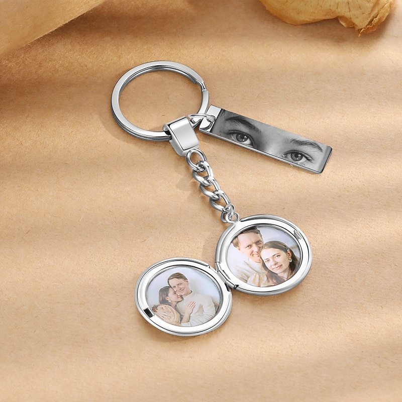 Personalized Keychain with Round & Rectangle Pendants Custom Best Gift for Mom - Stainless Steel Engraved with 2 Photos and Eye Picture, Perfect Wedding Gift for Couple4
