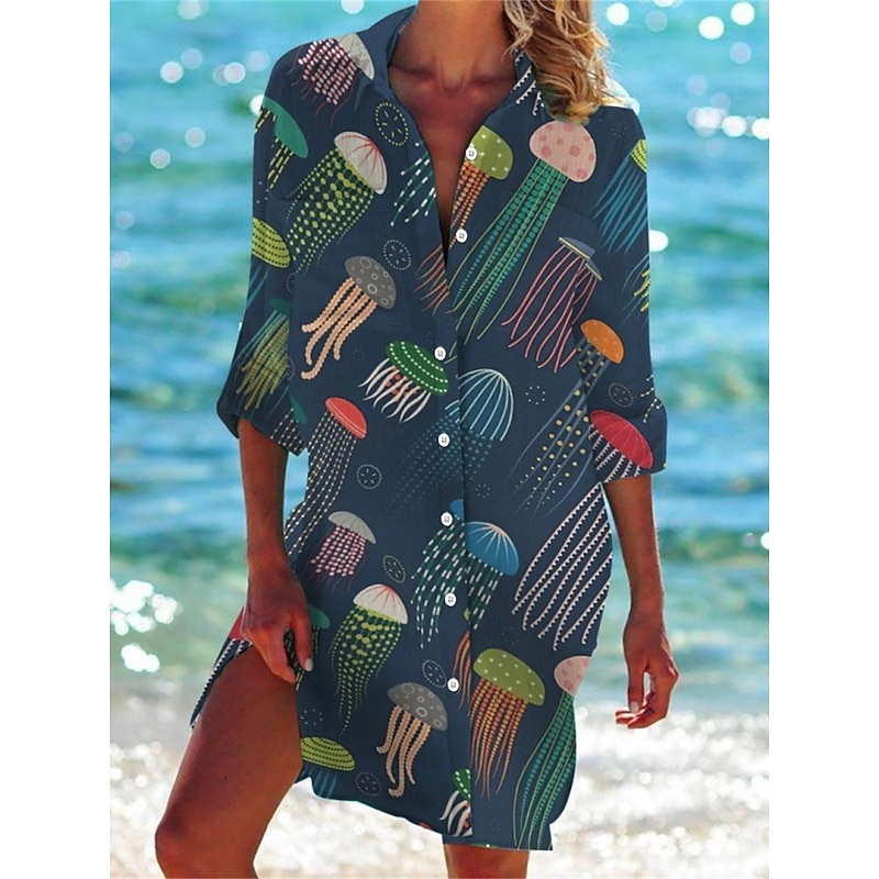 Women's Mini Dress Shirt Dress Casual Dress Shift Dress Mini Dress Outdoor Daily Date Fashion Classic Shirt Collar Pocket Print Half Sleeve Summer Spring Loose Fit Fish4