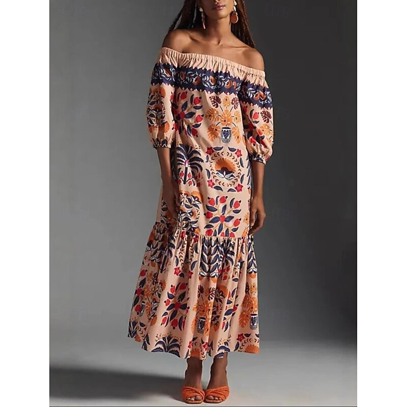 Women's Maxi Dress Casual Dress Boho Chic Dresses Boho Dress Bohemia Cute Stylish Vacation Daily Beach Loose Fit Graphic Long Sleeve Off Shoulder Orange Summer Spring2
