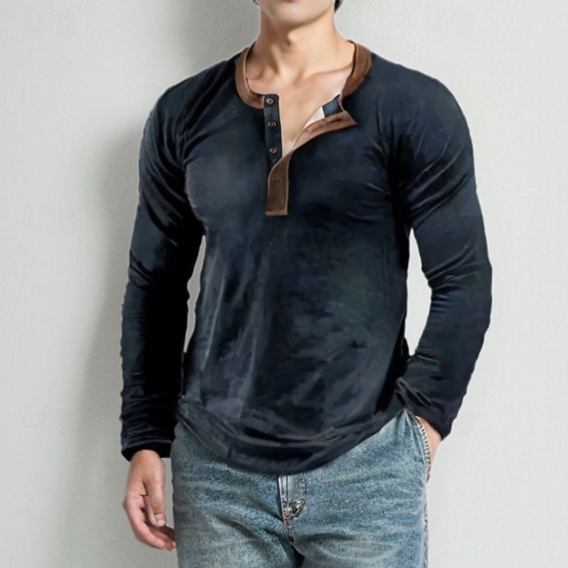 Men's Button T Shirt Henley Shirt Tee Long Sleeve Shirt Long Sleeve Henley Spring &  Fall Fashion Streetwear Basic Print Button-Down Vacation Casual Sports Light Yellow Black Dark Red Top Tee for Men2