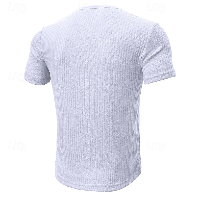 Men's Henley Shirt Muscle Shirt Ribbed Knit tee Tee Top Short Sleeves Plain Fashion Designer Basic Henley Vacation Street Going out Summer Black White Navy Blue Henley T-Shirt4