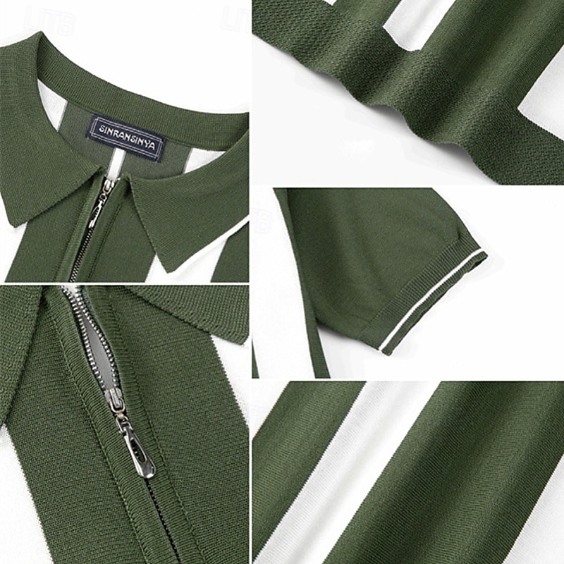 Men's Button Up Polos Golf Shirt Casual Sports Lapel Short Sleeve Fashion Basic Stripes Patchwork Buttons Summer Green Button Up Polos4