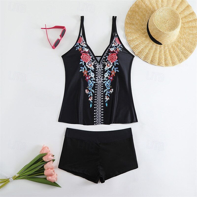 Women's Tankini Two Piece Swimsuit V Neck Swimwear Swimwear Black Purple Breathable Quick Dry Lightweight Sleeveless - Swimming Surfing Beach Summer Spring Plus Size2