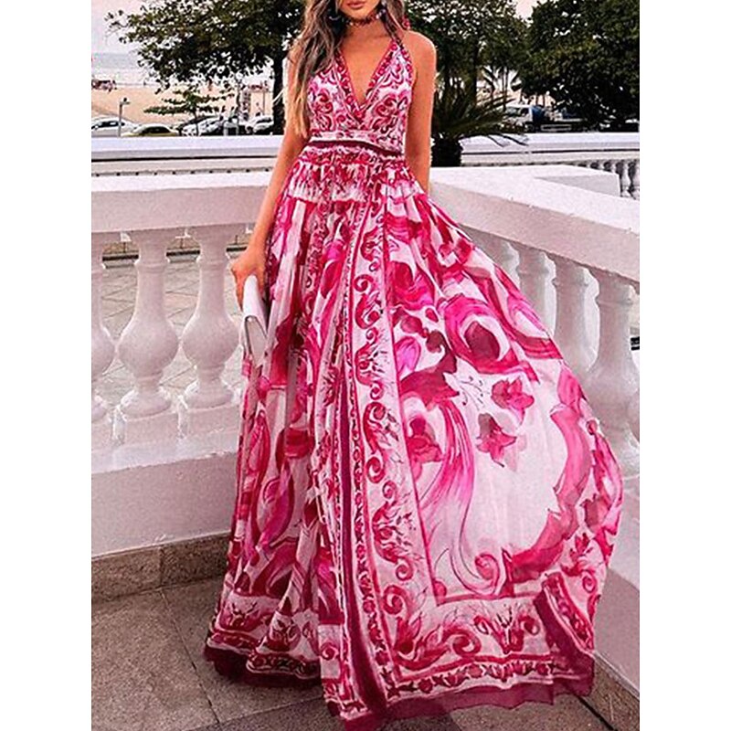 Women's Midi Dress Swing Dress Stylish Casual Vacation Party Daily Regular Fit Floral Short Sleeve V Neck Pink Summer2