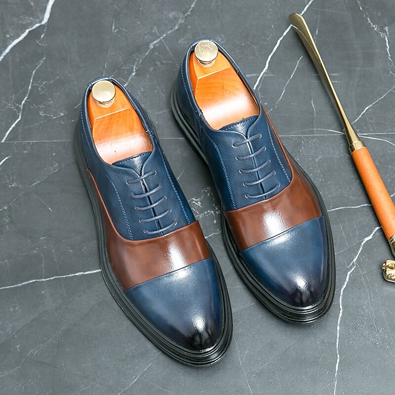 Men's Two-Tone Faux Leather Dress Shoes – Classic Lace-Up Oxford Style with Brown and Blue Accent, Formal and Business Casual Footwear for Professional Events3
