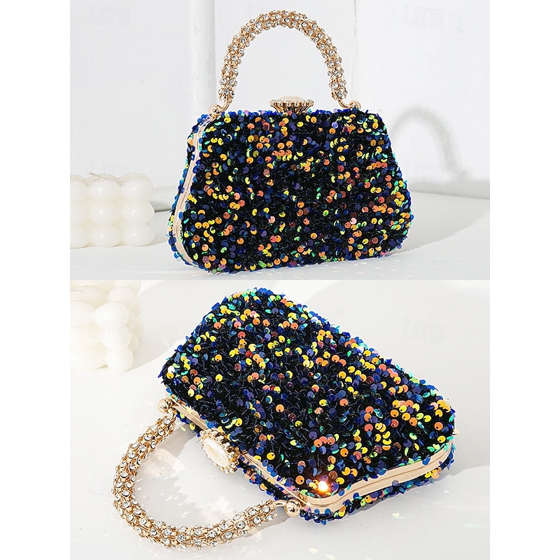 Women's Sequin Embellished Evening Clutch Bag – Vintage Glitter Handbag with Rhinestone Handle, Perfect for Weddings, Parties and Formal Events4