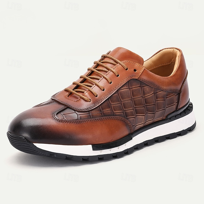 Men's Premium Cowhide Leather Sneakers - Crocodile Embossed Pattern Lace-Up Casual Shoes with Cushioned Sole for Everyday and Outdoor Wear2